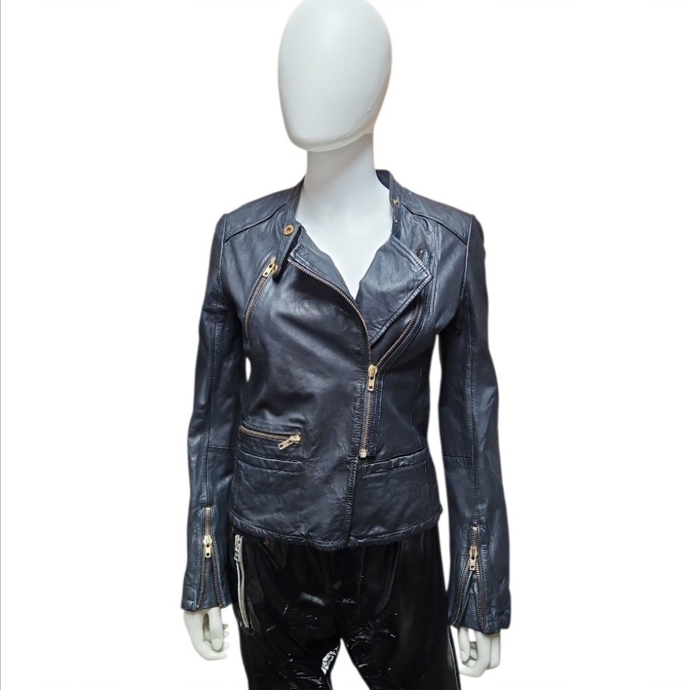 MAJE | Lambskin Leather Moto Jacket in Dark Blue ~ Size 1 (XS)
